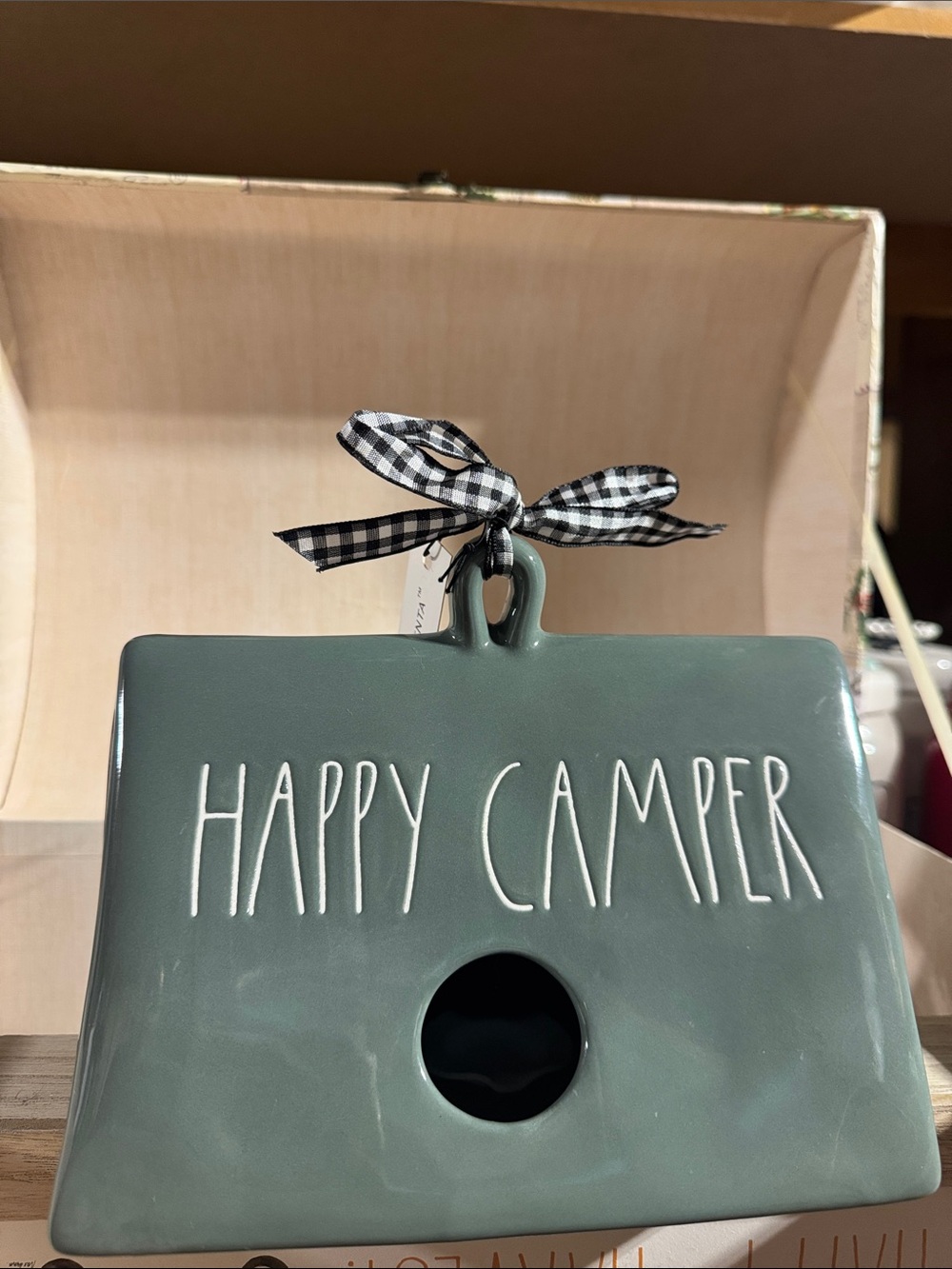 Rae Dunn Green 'Happy Camper' Ceramic tent Birdhouse